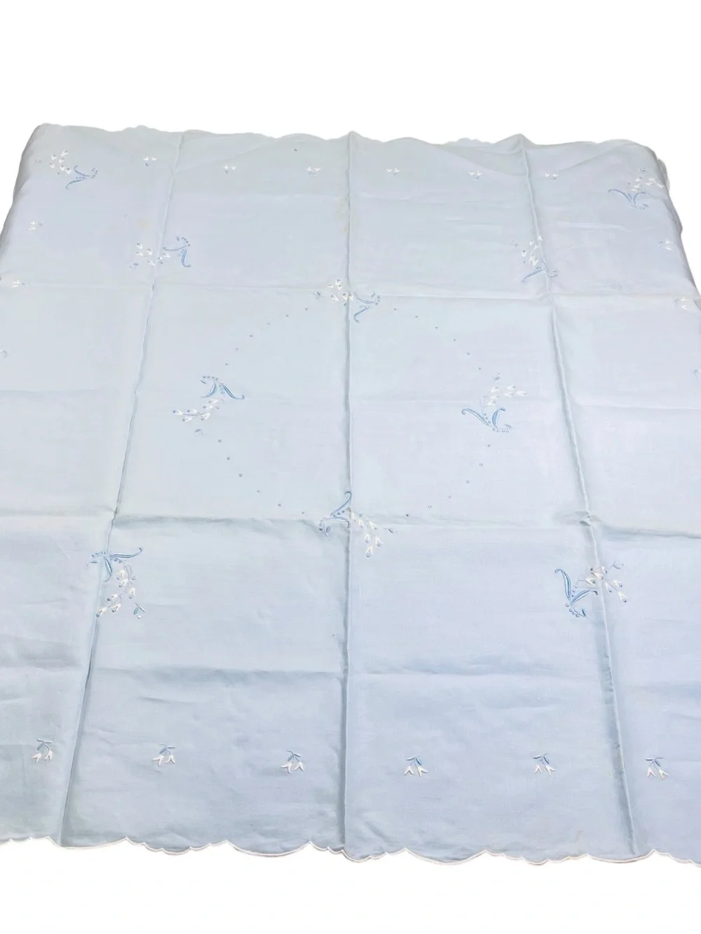 Vtg Blue Linen Tablecloth 4 Napkins Set Embroidered Scalloped Tea Table 34x34